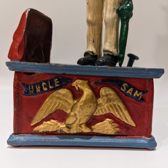 Vintage Cast Iron Uncle Sam Coin Bank Americana Patriotic Decor Red White & Blue - Picture 7 of 11
